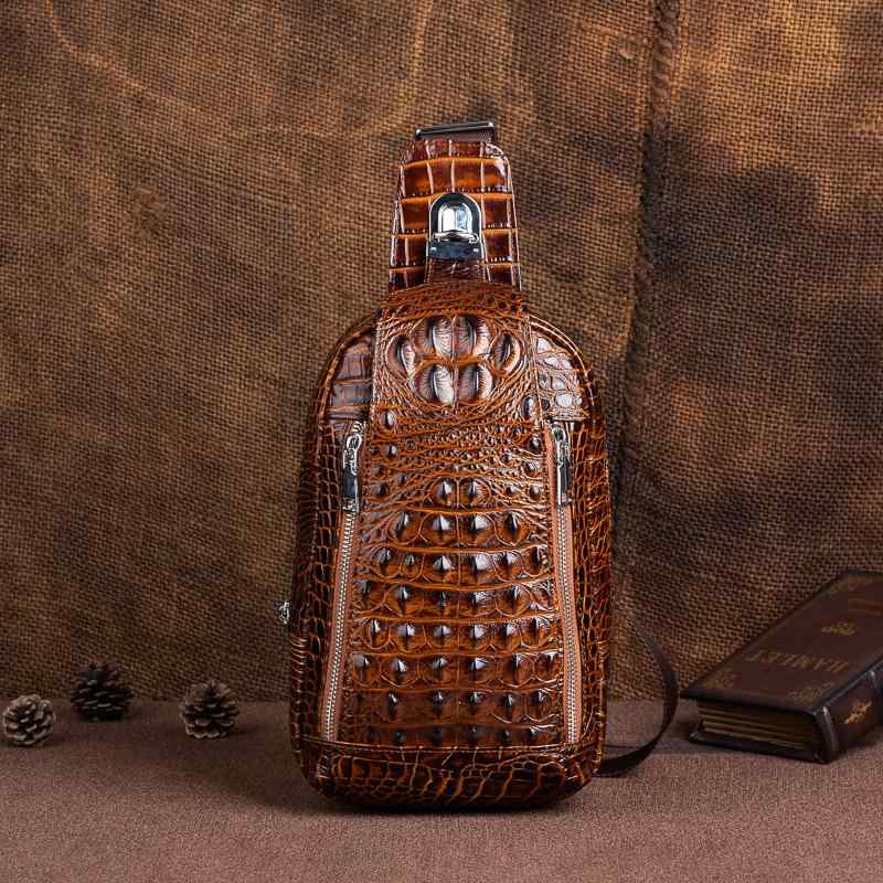 バッグ 牛革 クロコダイル柄 レトロ ジッパーポケット 携帯電話ポケット 書類スペース 中間ジッパーポケット コインポケット レジャー チェストバッグ