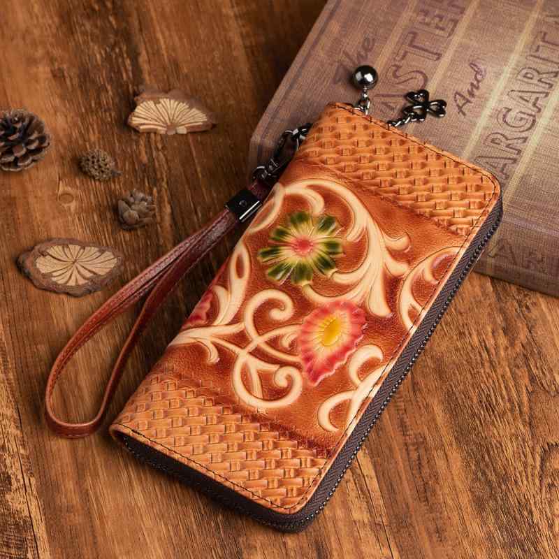 長財布 牛革 レザー エンボス加工 レトロ 花 紙幣フォルダー 写真スペース 隠しコンパートメント 小銭位置 通帳位置 書類位置 カード位置
