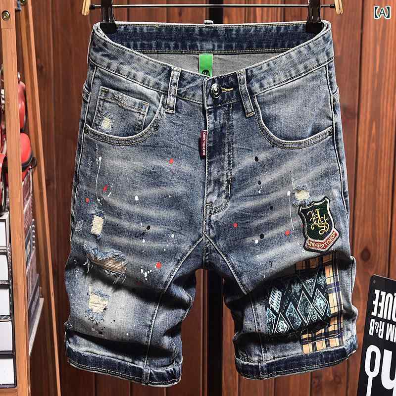 デニムパンツ ハーフパンツ 短パン おしゃれ 夏 デニムショートパンツ メンズ クォーター パンツ リッピング 韓国 ペイント ドット ストレッチ ミドル ホースパンツ