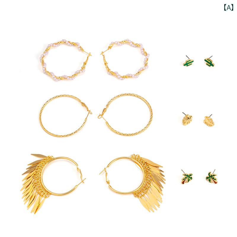 ピアス エスニック 6ペア セット ココナッツ ツリー イミテーションパール ピアス アメリカ 夏 ファッション ホリデー トラベル アクセサリー