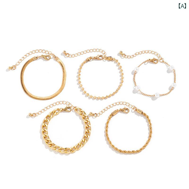 ブレスレット 5ピース ビーズ チェーン フラット スネークチェーン ブレスレットセット アメリカ 夏 シンプル ファッション 旅行 写真 休暇 アクセサリー