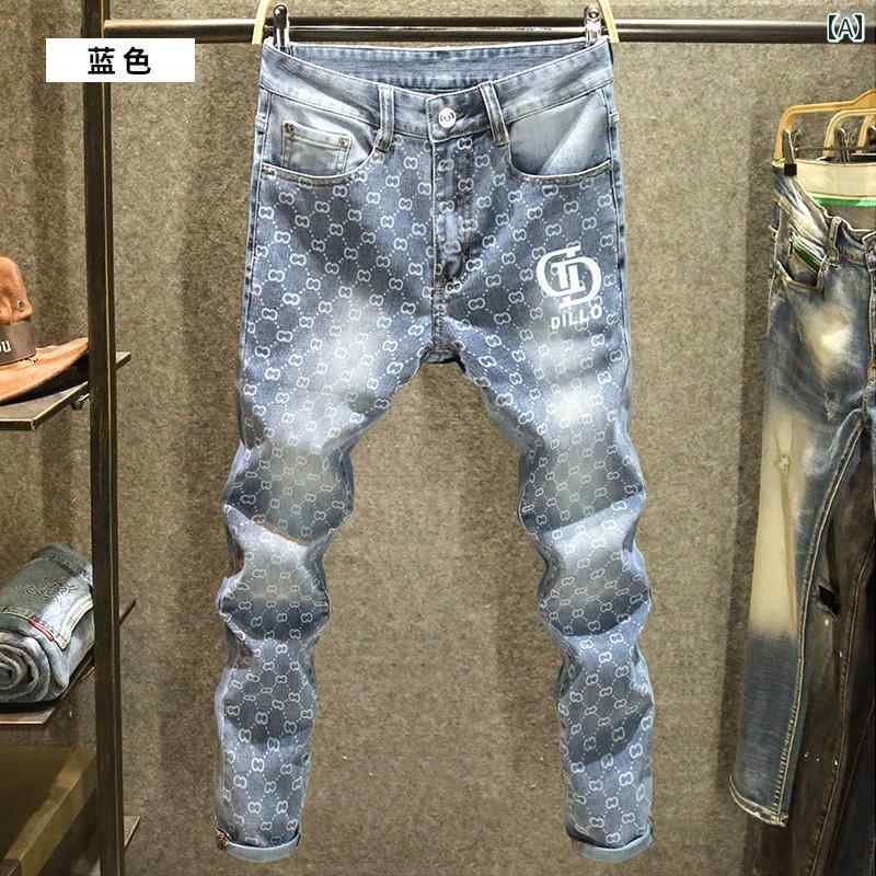 ジーンズ メンズ デニム おしゃれ Gパン カジュアル 夏 ジーンズ アメリカ プリント スリムフィット 韓国 パンツ ストリート パンツ