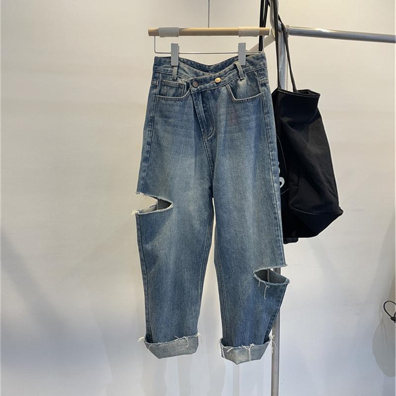 Straight Jeans - パンツ ズボン ボトムス デニム ジーンズ レディース おしゃれ ファッション シンプル 夏 薄手 ストレート ハイウエスト 九分丈 大きめサイズ カジュアル