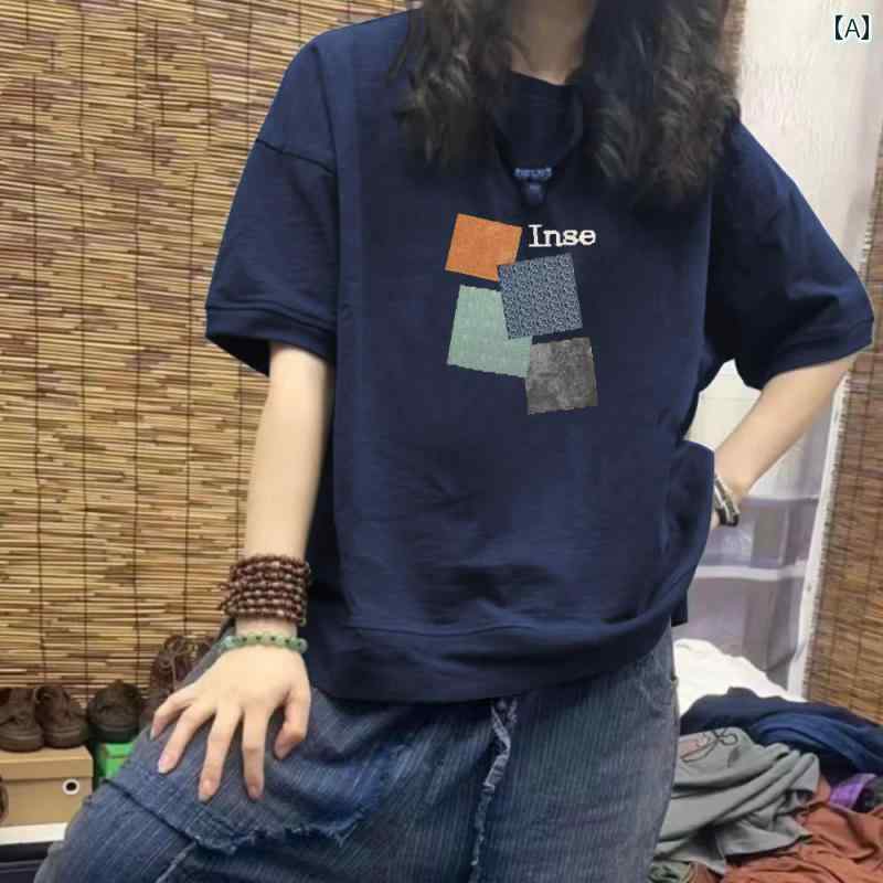 印花 - Tシャツ トップス レディース おしゃれ ファッション シンプル 半袖 夏 薄手 コットン ラウンドネック スリム プリント 大きめサイズ ジオメトリック