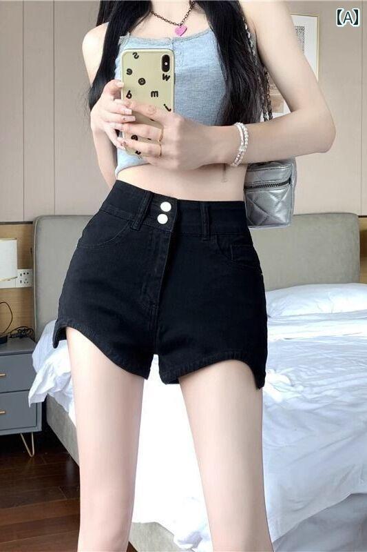 Nylon, Rayon, Polyester - ショートパンツ アメリカン ガール ストレッチ デニム ショーツ レディース 夏 ハイウエスト スリム Aライン ショート パンツ ウォッシュ加工 パンツ