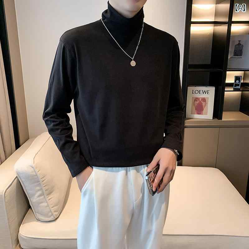Rakuten - トップス 秋冬 ネット Tシャツ メンズ 長袖ゆったり 韓国 ハイネックインナー 白黒 都会 長袖 厚手