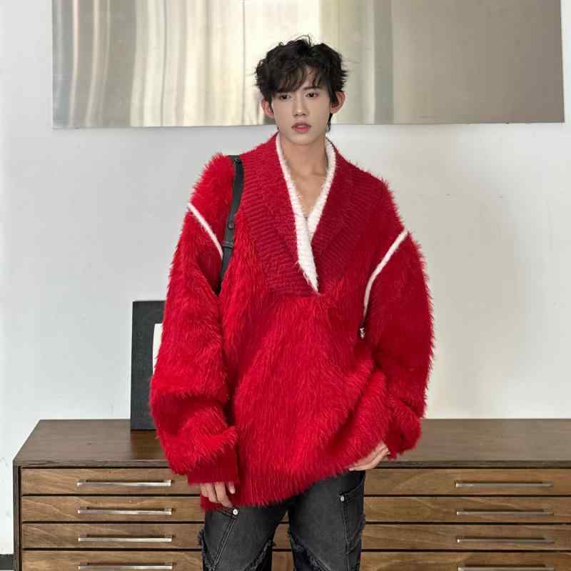 V-Neck - 秋冬 レトロ 赤 Vネック 魅惑 セーター フェイクファー ニット ワイドセーター ゆったり オーバーサイズ メンズ
