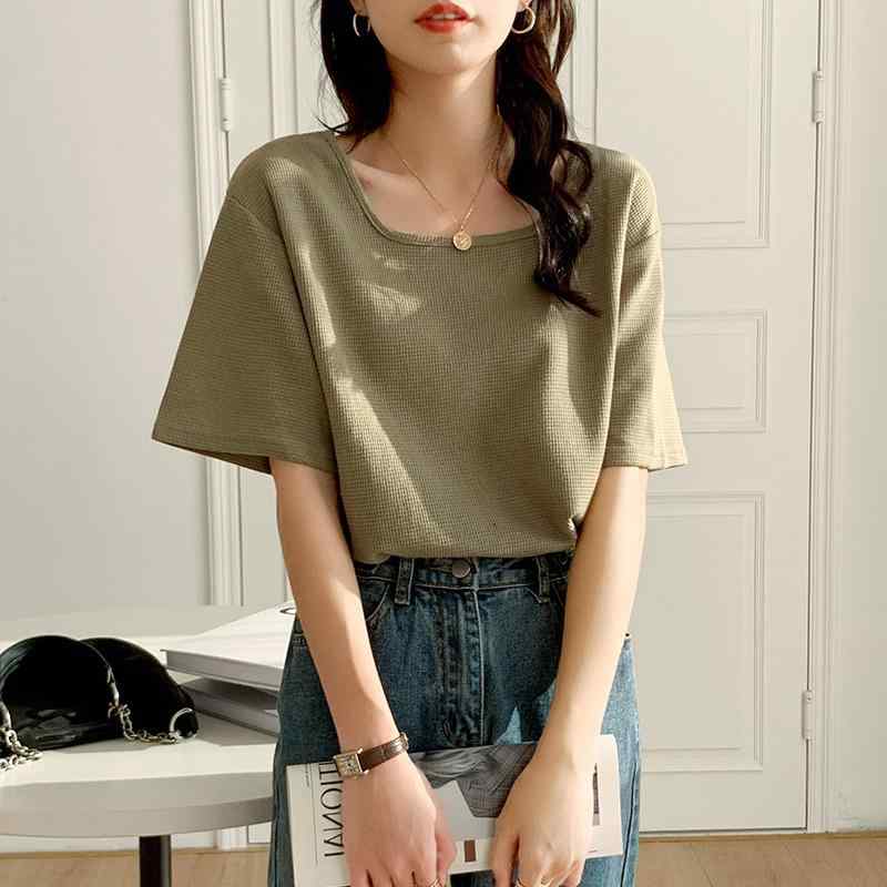 Tシャツ トップス レディース おしゃれ ファッション シンプル スクエアネック 半袖 夏 薄手 ショート スリム スタイリッシュ ワッフル カジュアル