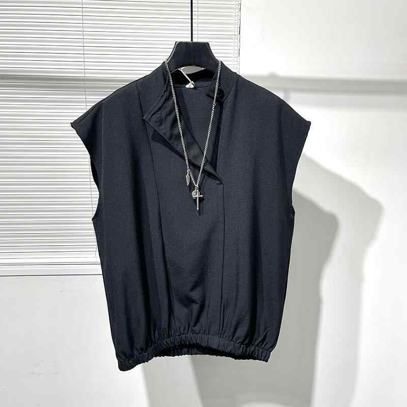 シャツ メンズ おしゃれ ファッション シンプル 夏 ノースリーブ ベスト ダーク プルオーバー 薄手 ゆったり ブラック カジュアル メンズ スタンドカラー