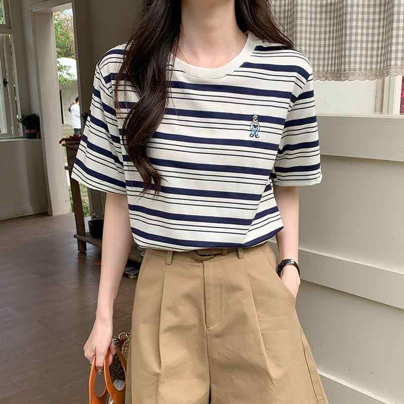 レディース 韓国 ストライプ Tシャツ 夏 ファッション ヘビロテ スリムトップス ラウンドネック ボーダー