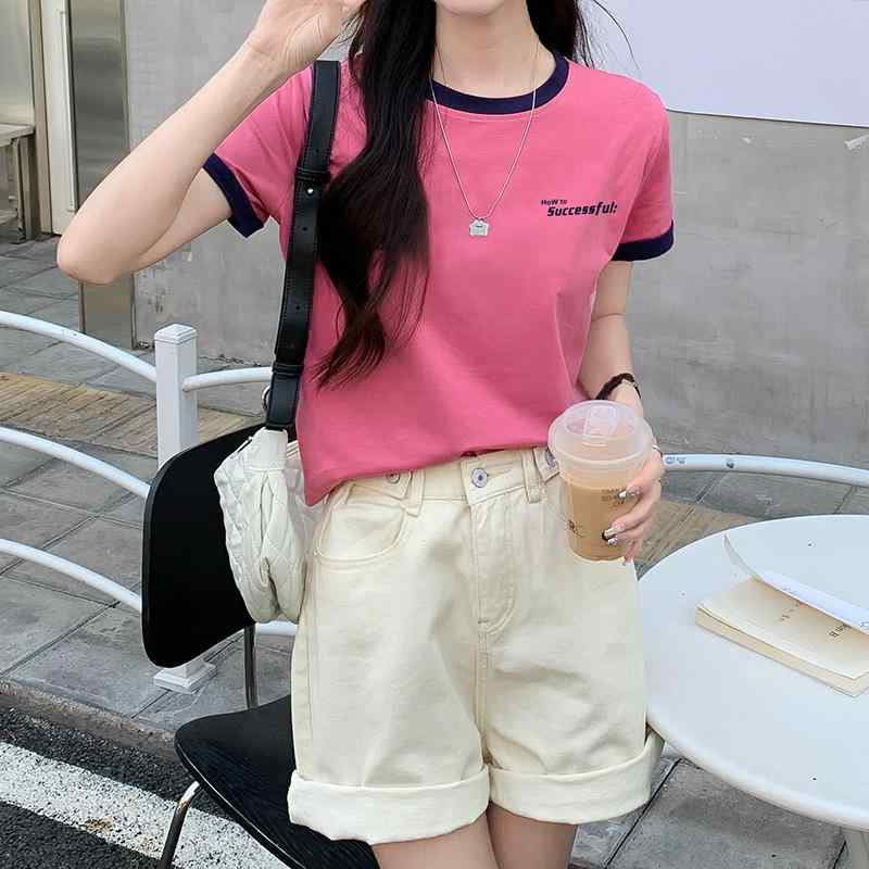 Tシャツ レディース カラー 綿 半袖 シャツ 夏 韓国 半袖 シャツ ラウンドネック トップス