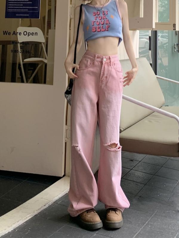 Rakuten - ジーンズ デニムパンツ カジュアル レディース アメリカ ストリート レトロ リッピング ワイドレッグ 夏 ストレート フロアレングスパンツ