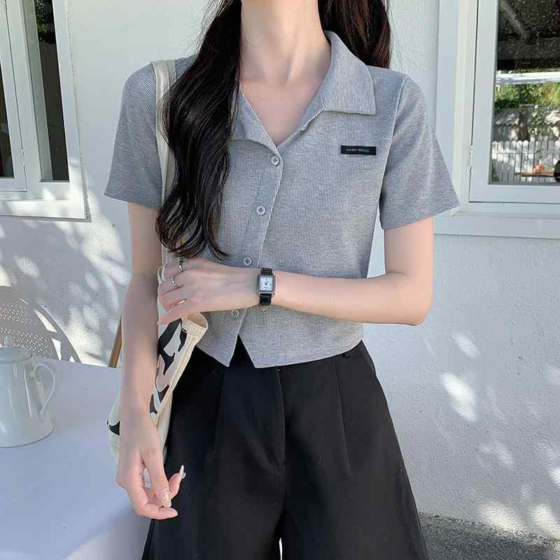 ポロシャツ Tシャツ レディース 韓国 ショート 夏 半袖 シャツ アシンメトリー シック トップス スリムフィット