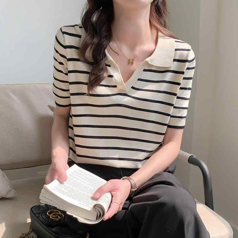 ポロシャツ Tシャツ レディース 韓国 ストライプ ひんやり 涼しい 快適 半袖 シャツ 夏 フレンチ ポロ シック トップス シンプル 合わせやい