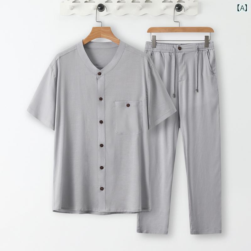 チャイニーズ セットアップ 夏 メンズ お父さん リネン スーツ 薄手 半袖 シャツ 祖父 夏服 長ズボン ホームウェア 休日着