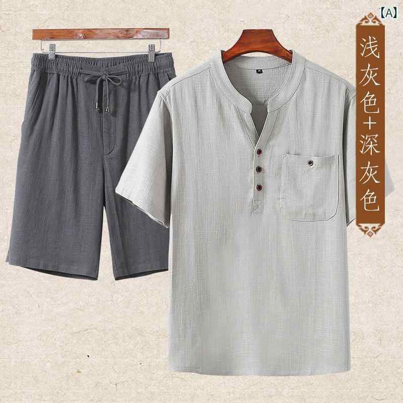 チャイニーズ セットアップ お父さん 夏服 半袖 Tシャツ ショート パンツ スーツ 夏 綿麻 メンズ リネン 唐 おじいちゃん ホームウェア