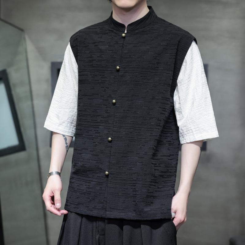 メンズ チャイニーズ スタンドカラー 銅 ボタン フェイク セットアップ 唐 レトロ 漢服 夏 大きめサイ..