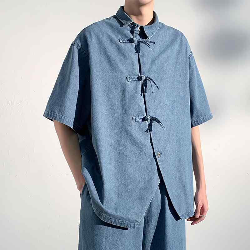 メンズ 夏 チャイニーズ 斜めブレスト 半袖 デニムシャツ メンズ 綿 ゆったり 大きいサイズ レトロ 洗いざらし 唐服 黒 青 中国 レトロ
