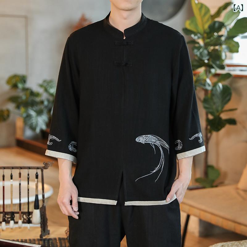 メンズ tシャツ トップス アジアンテイスト 夏 チャイナ風 綿 リネン 七分袖 Tシャツ レトロ バックル 半袖 大きめサイズ(4)