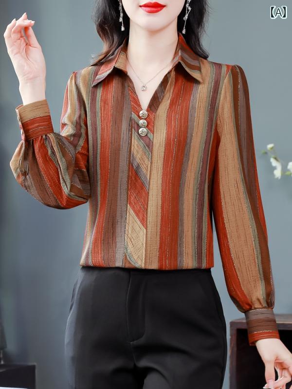 Other - レディース 婦人服 レディース トップス シャツ ブラウス 長袖 春夏 ストライプ プリント 韓国 レトロ