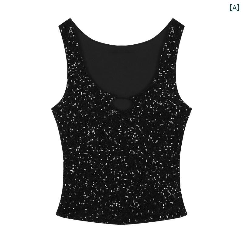 レディース タンクトップ スパンコール キラキラ 夏 タイトシルエット シンプル モダン おしゃれ セクシー 魅惑 レディース ファッション