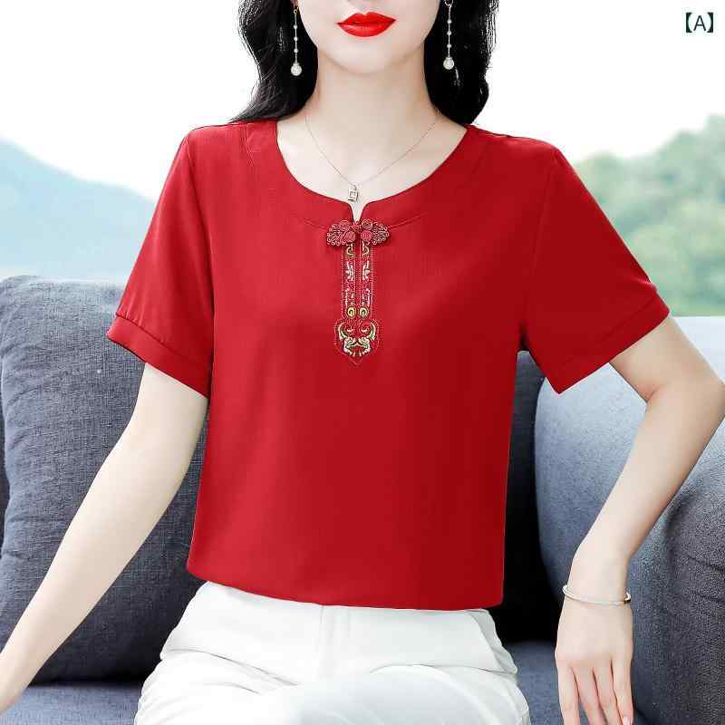 レディース 婦人服 レディース トップス シャツ ブラウス シフォン エレガント 刺繡 半袖 夏 チャイナ風