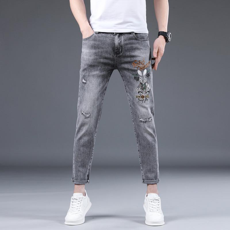 ジーンズ 春夏 九分丈 メンズ ウサギ 刺繍 スリムフィット ストレッチ性 メンズ カジュアル デニム オールシーズン通