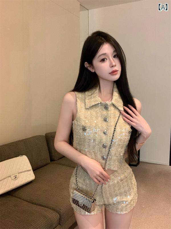 レディース シャツ ブラウス ショートパンツ スーツ ノースリーブ ツイード 夏 スパンコール キラキラ セクシー 魅惑 レディース カジュアル おしゃれ