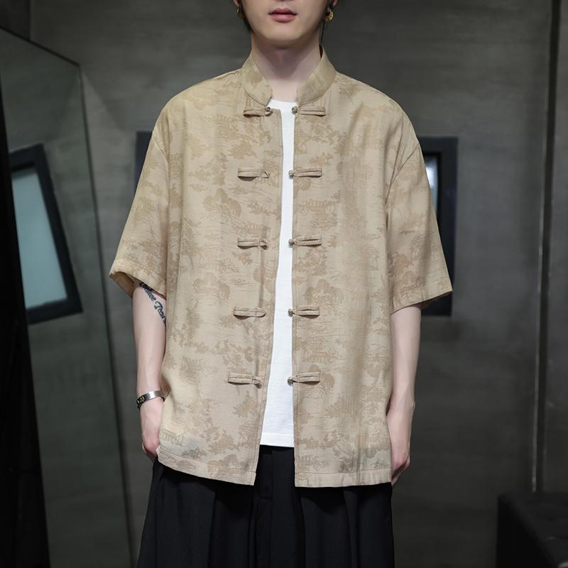 夏 薄手 半袖 シャツ チャイナ風 メンズ ファッション スタンドカラー カジュアル 唐装 トップス 大きめサイズ 植物 花 プリント ジャケット レトロ 豪華感