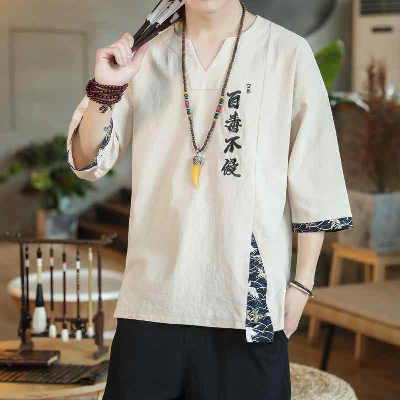 Tシャツ メンズ 中華 ファッション トップス シャツ レトロ 刺繍 Vネック 大きめサイズ チャイナ風 唐装 メンズ 漢服 カジュアル 半袖 紳士 夏 メンズ