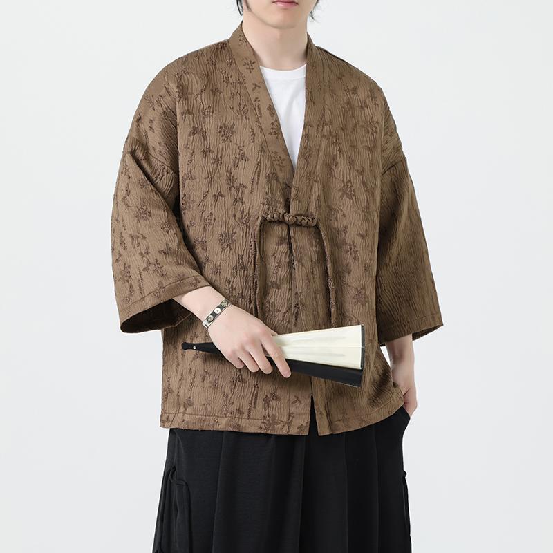 瞑想服 瞑想服 チャイナ風 漢服 夏 カーディガン マント 道教 ローブ レトロ 七分袖 コート 在家 茶 瞑想 大きめサイズ ジャカード トップス 豪華感