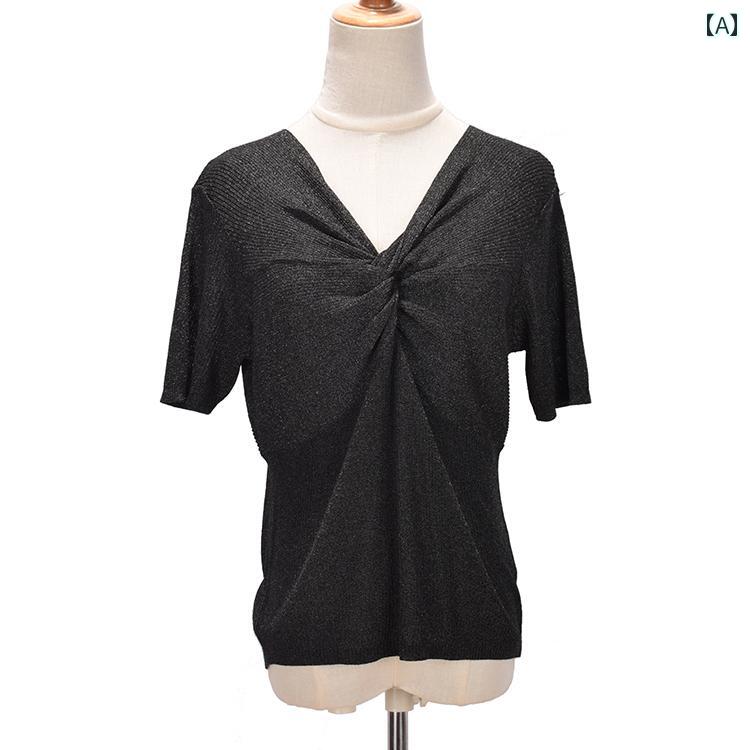 V-Neck - レディース 夏 Vネック プルオーバー レディース ニット セーター 半袖 トップス 薄手 シンプル カジュアル
