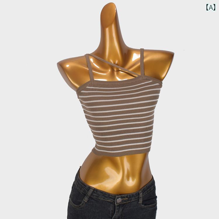 レディース ストライプ キャミソール 夏 スリムフィット ショート トップス 小さめ人 レディース ニット ウール カジュアル