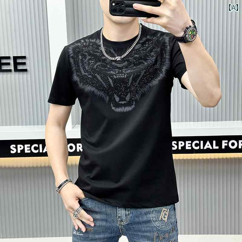 tシャツ アメリカ ウルフ プリント メンズ 半袖 Tシャツ 夏 カジュアル ラウンドネック 黒 レイヤリン..