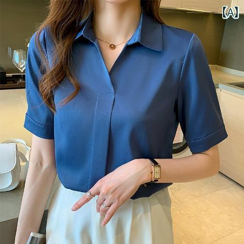乐天商城 - レディース 夏 ブラウス 半袖 婦人服 レディース トップス シャツ ブラウス 半袖 シフォン シンプル エレガント 通勤 オフィス 豪華感 開襟