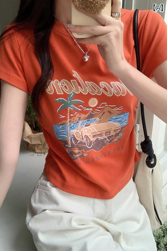 Print - レディース プリントTシャツ アメリカン 半袖 夏 ラウンドネック スリムフィット インナー トップス ポリエステル オレンジ アプリコット ブラック 黒 カジュアル 女の子