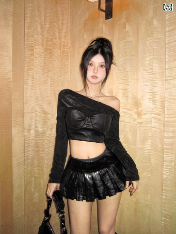 レディース ファッション Tシャツ ミニスカート レザーステッチ オフショルダー 長袖 クール ガーリー レディース