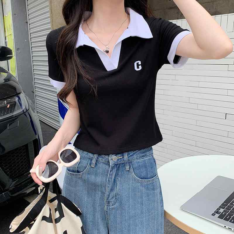 Other - レディース ホワイト ポロTシャツ襟 半袖 Tシャツ 夏 薄手 Tシャツ v ネック ショート トップス ワンポイント