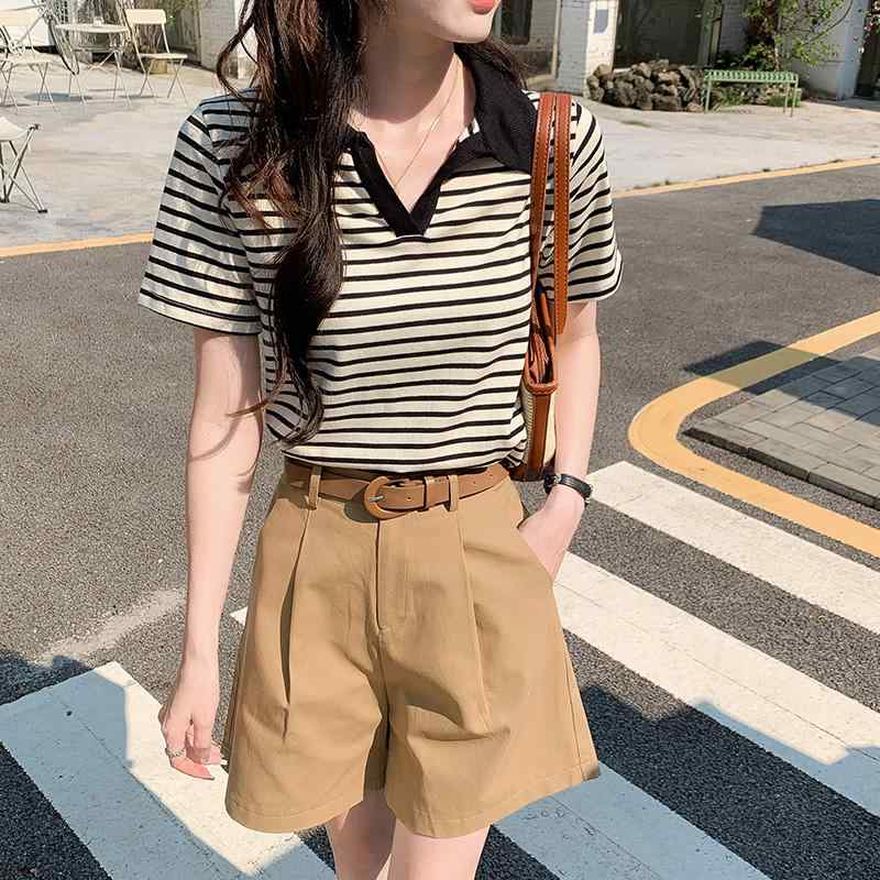 レディース コントラスト ストライプ ステッチ ポロシャツ襟 半袖 Tシャツ 夏 スリム Vネック シック トップス