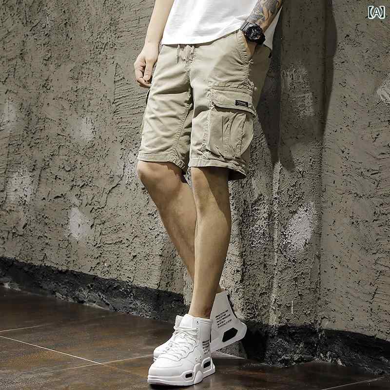 短褲 半短褲 - ハーフ パンツ 夏 カーゴ ショーツ メンズ 薄手 ファッション パンツ ウエスト ゆったり 大きめサイズ レジャー ゆったり ポケット 五分丈 ストレート