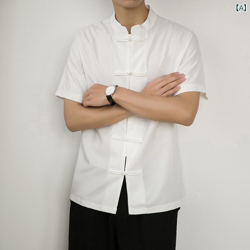 チャイナ風 夏 薄手 ひんやり 涼しい 快適 スタンドカラー 半袖 シャツ メンズ 大きめサイズ コート ボタン装飾 中国風 チュニック メンズ セットアップ 上下セット エレガント