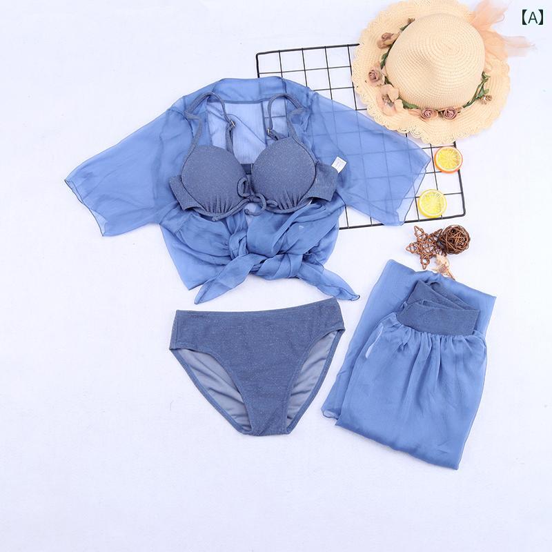 レディース 夏 水着セット ビキニ 半袖カーディガン ロングパンツ 4ピース 魅惑 日焼け防止