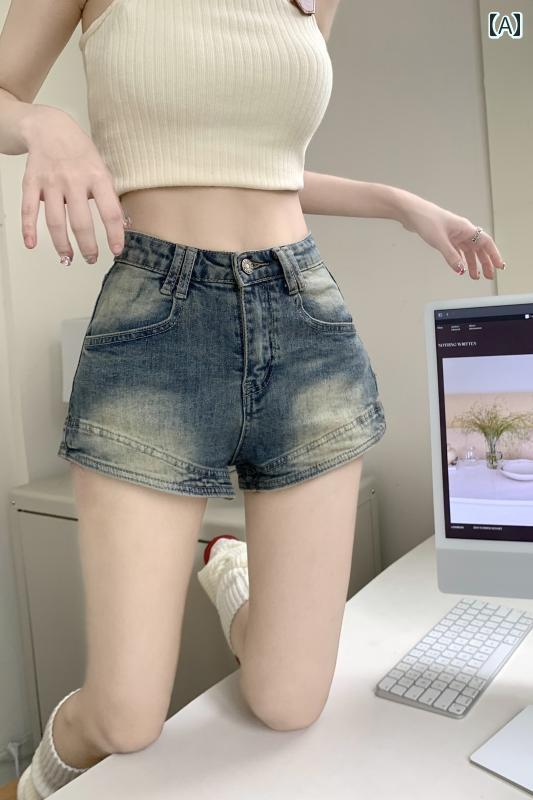 短裤 - パンツ デニムパンツ レディース ショートパンツ 夏 アメリカン ジーンズ レトロ ウォッシュド デニムショートパンツ ハイウエスト ヴィンテージ風 青 レトロブルー ボタン