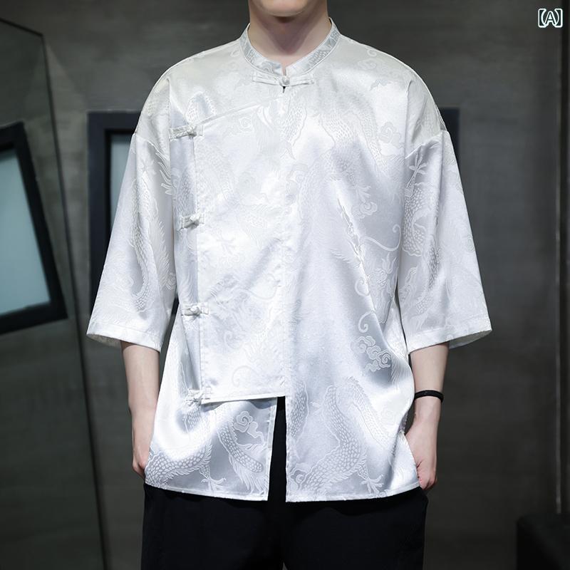 メンズ チャイナ風 唐 夏 半袖 シャツ 斜め ブレスト 漢服 大きめサイズ 茶 瞑想 トップス 光沢感