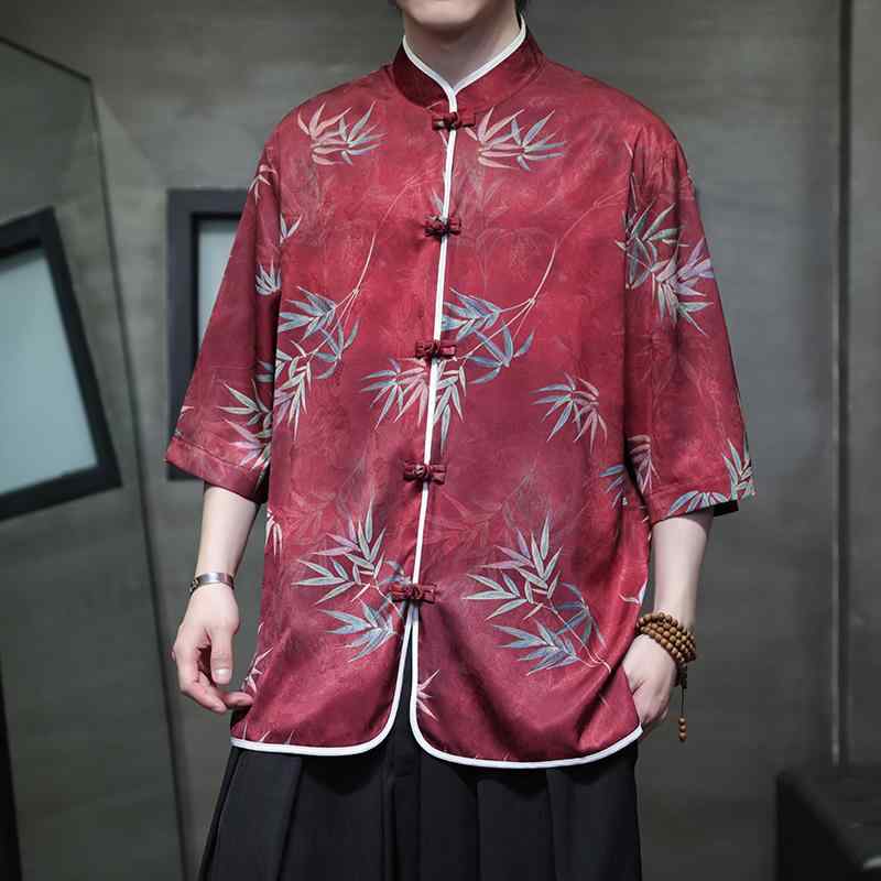 メンズ ファッション トップス カットソー シャツ レトロ チャイナ風 唐装 メンズ 漢服 カジュアル 半袖 プリント 夏