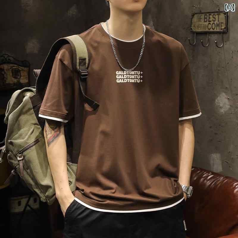 Tシャツ メンズ ファッション フェイク 半袖 シャツ メンズ 夏 大きめサイズ 綿 ラウンドネック ゆったり