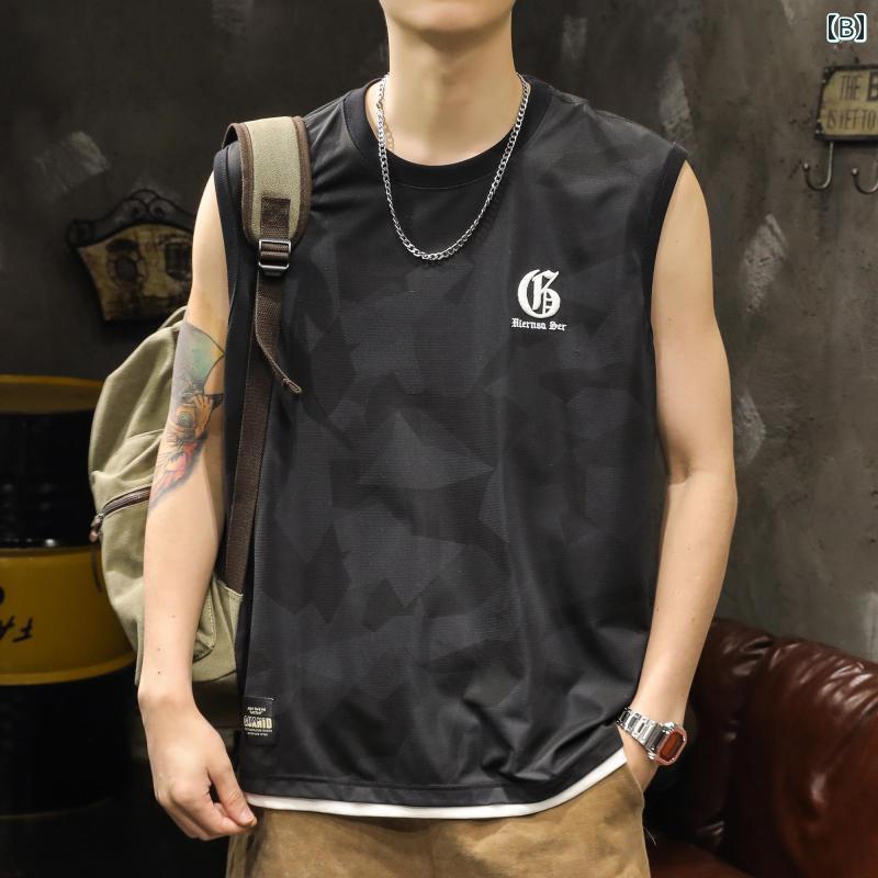 メンズ ファッション アメリカン レトロ ノースリーブ Tシャツ ひんやり 涼しい 快適 薄手 夏 ゆったり 大きめサイズ スポーツ ベスト メンズ ラウンドネック レジャー