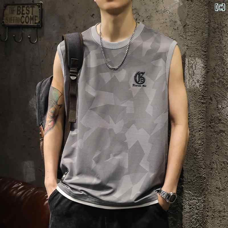 メンズ ファッション アメリカン レトロ ノースリーブ Tシャツ ひんやり 涼しい 快適 薄手 夏 ゆったり 大きめサイズ スポーツ ベスト メンズ ラウンドネック レジャー