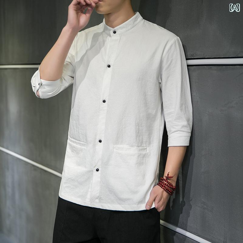 メンズ トップス メンズ 半袖 シャツ 夏 薄手 チャイナ風 唐装 漢服 カジュアル 七分袖 シンプル 涼しげ