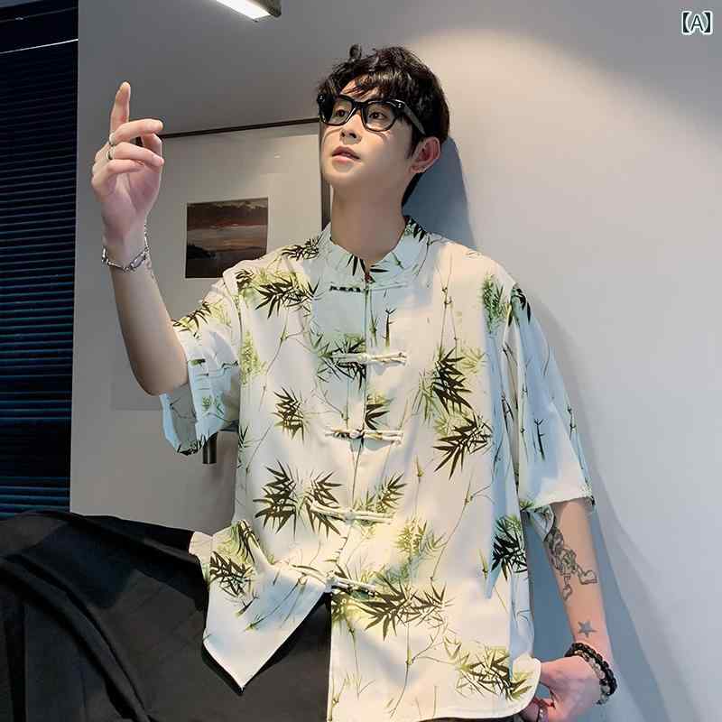 メンズ トップス 夏 中国 瞑想 スタンドカラー 半袖 シャツ 薄手 涼しげ プリント ドレープ 唐 ゆったり
